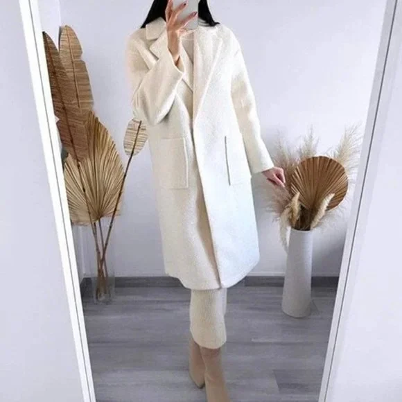 Apricot Elegant Womens Lapel Neck Drop Shoulder Dual Pocket Overcoat - Picture 1 of 5